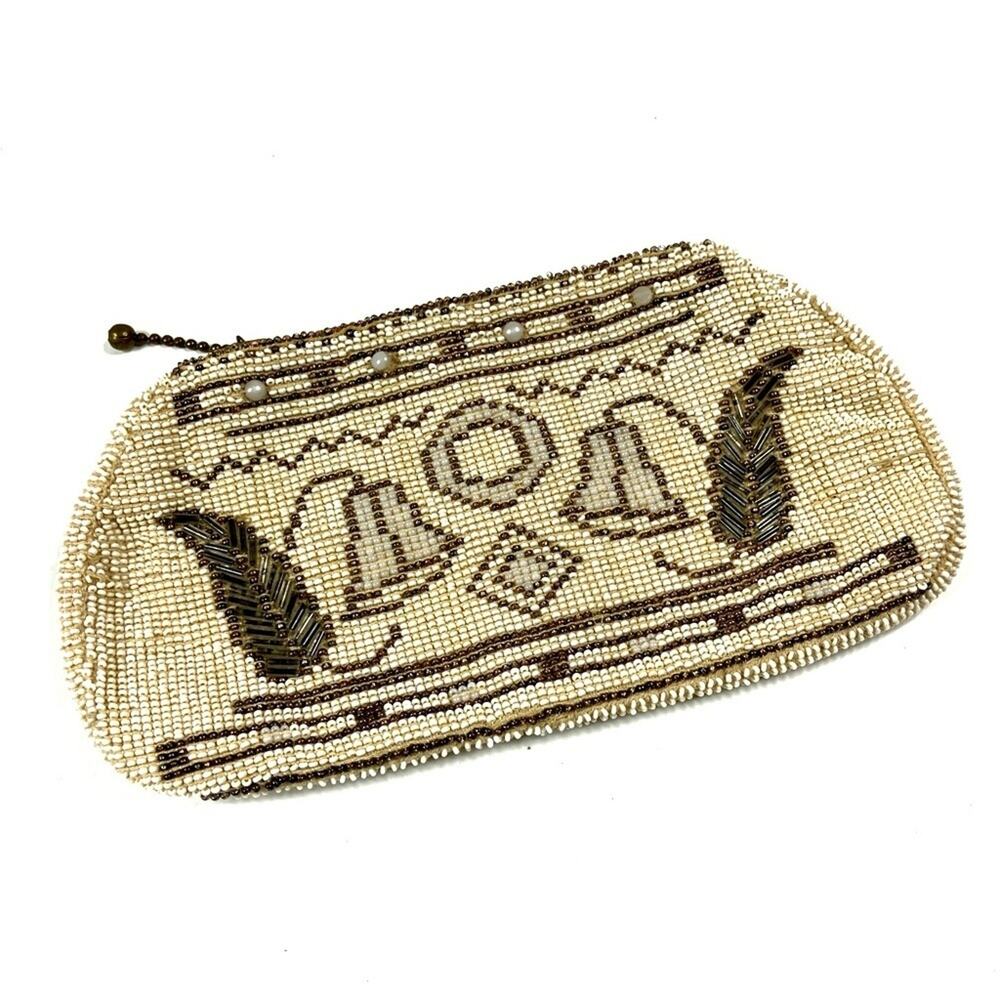 Vintage 1930's Czech Hand Beaded Art Deco Feather Clutch Wristlet